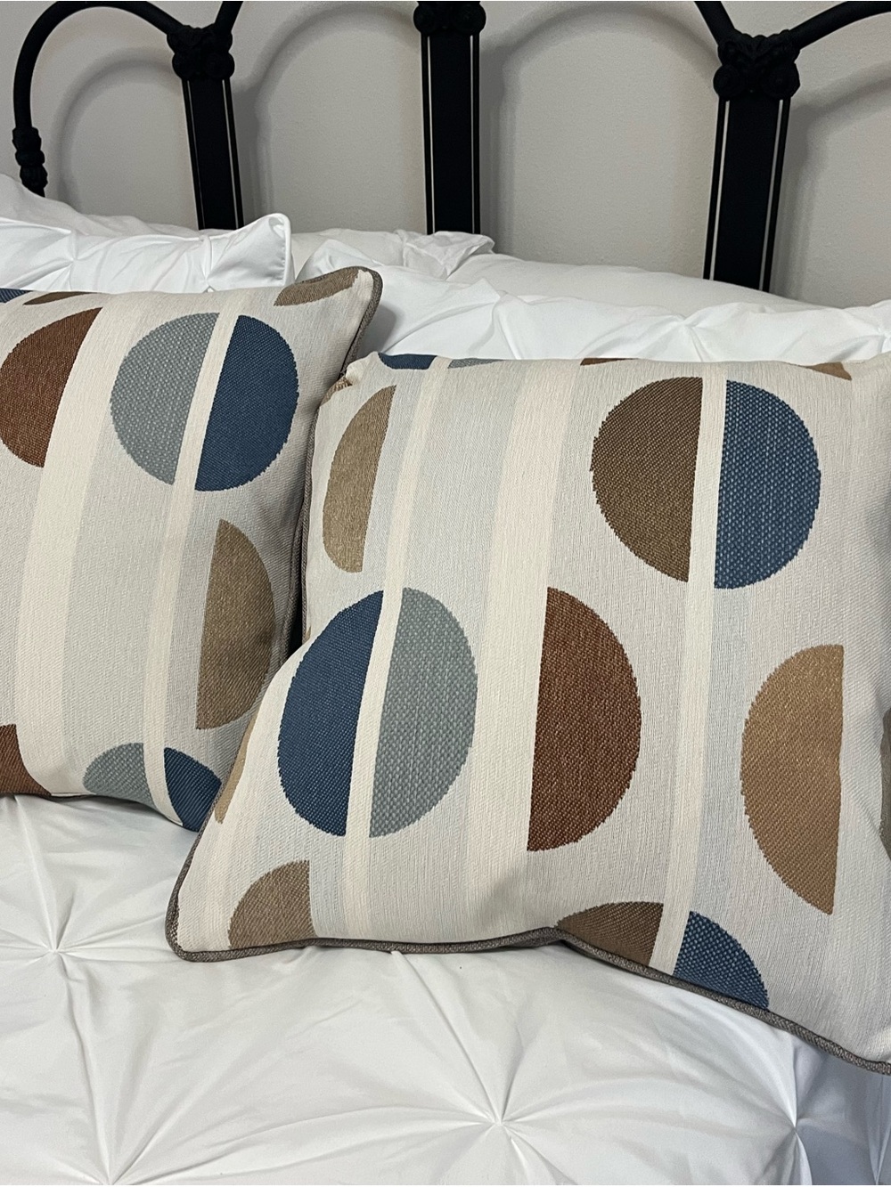 Pair of Geometric Circle Accent Pillow covers in Blue, Brown & Cream